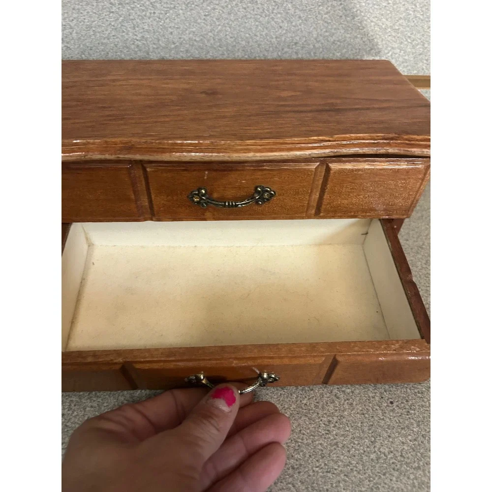 Vintage Wooden Jewelry Box Chest Mirror Ring Rolls 2 Drawers Brown Wood Storage